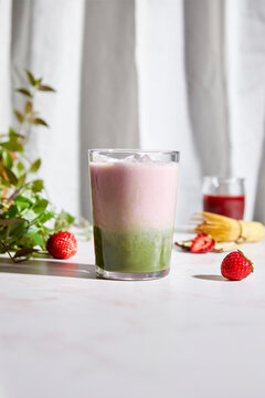 Strawberry Matcha Latte with copy space