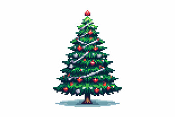 Pixel Christmas tree decorated with Christmas tree decorations and topped with a shining star.