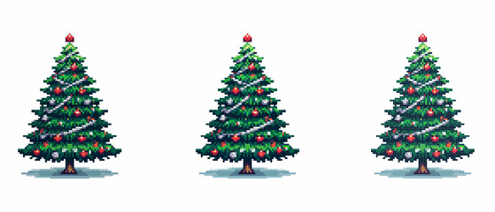 Pixel Christmas tree decorated with Christmas tree decorations and topped with a shining star.