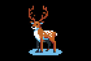 Obraz premium Pixel deer with big antlers on black background in retro video game style.