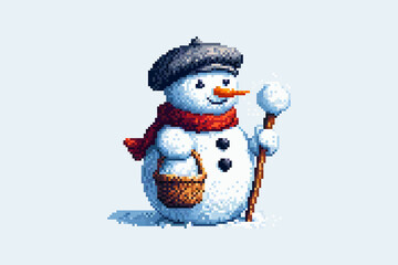 A pixel art snowman in a black beret and red scarf holds a snowball on a stick and a basket.