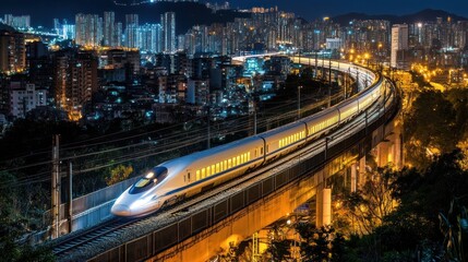 Fototapeta premium A high-speed train curves through a cityscape at night, illuminated by city lights.