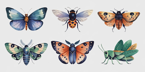 Watercolor Illustration of Five Hybrid Insects (Orange)