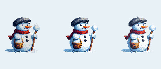 A pixel art snowman in a black beret and red scarf holds a snowball on a stick and a basket.