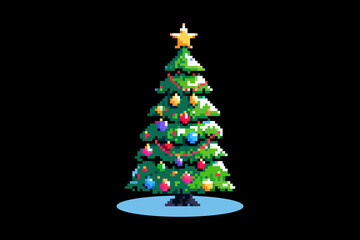 Pixel Christmas tree decorated with Christmas tree decorations and topped with a shining star.