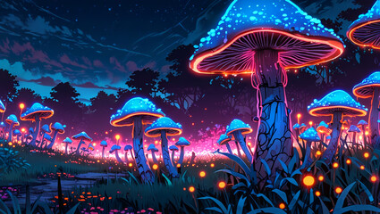 illustration of a field filled with glowing neon magic mushrooms