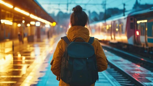Travel at vacation. Woman with backpack waiting for train at railway station. Generative Ai 4K Video