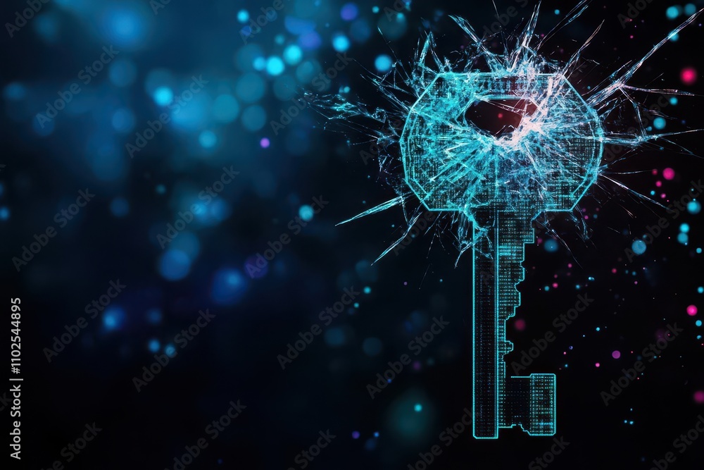 Poster A shattered digital key symbolizing a breached system being restored, front view, representing cybersecurity recovery, advanced tone, Analogous Color Scheme