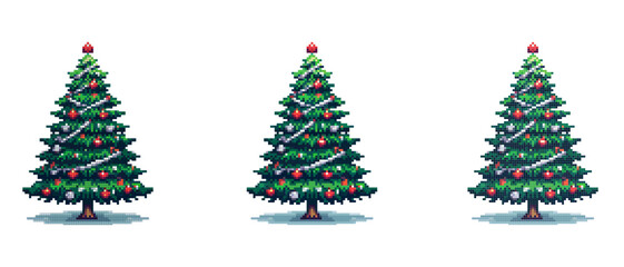 Pixel Christmas tree decorated with Christmas tree decorations and topped with a shining star.