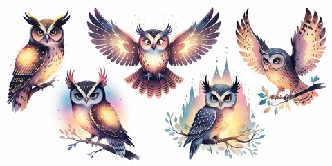 Watercolor Illustration of Five Magical Owls