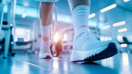 Patient with ankle bandage gripping a walking rail, cautious steps forward, rehab room filled with therapeutic tools, morning light through windows