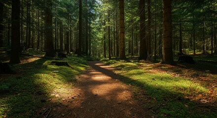 Fototapeta premium A peaceful hiking trail through a forest with sunlight filtering through the trees