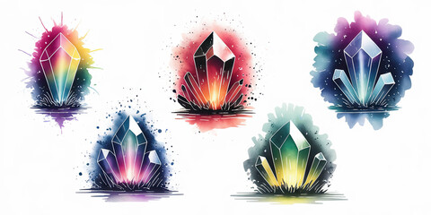 Watercolor Illustration of Five Mystical Glowing Creatures