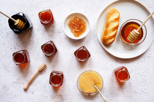 Selection of Australian honey, including Yellowbox, Ironbark, Macadamia, Rainforest, Tea Tree, Manuka, Creamed Honey and Honeycomb.