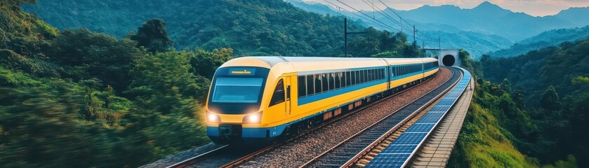 Obraz premium A solarpowered train speeding through a pristine mountain landscape, emitting no pollution as it winds through tunnels and over ecofriendly bridges