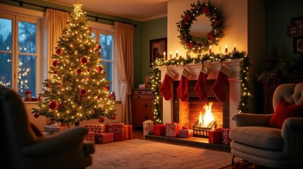 Cozy living room with Christmas tree and fireplace adorned with stockings