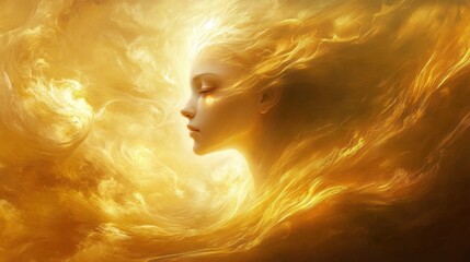 A mystical figure emerges from swirling golden clouds, evoking a sense of ethereal beauty.