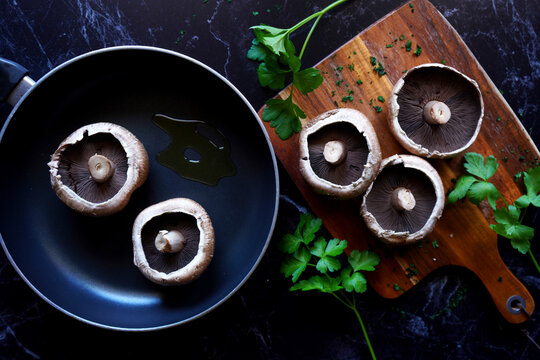 Portobello mushrooms, a large meaty flavorsome variety, often cooked and served as a meat substitute in plant-based vegan diets.