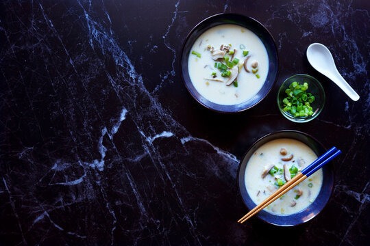 Okinawan style vegan cream of mushroom soup, made with shiitake mushrooms, plant-based milk and white miso paste.