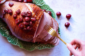 Baked Ham with Cherry and Maple Syrup Glaze.