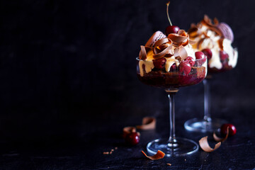 Black Forest Cherry and Chocolate Individual Trifles. Horizontal Orientation with Negative Space.