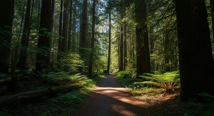 Obraz premium A peaceful hiking trail through a forest with sunlight filtering through the trees