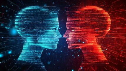 Silhouette of a man and woman, a shadow profile, abstract artificial intelligence, with software and digital code, set against a blue and red contrast, binary futuristic technology human 4K Video