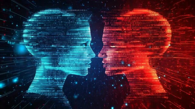 Silhouette of a man and woman, a shadow profile, abstract artificial intelligence, with software and digital code, set against a blue and red contrast, binary futuristic technology human 4K Video
