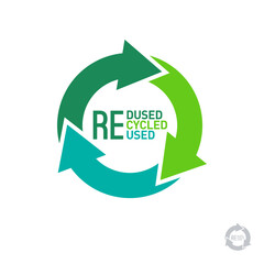 Green recycle icon. Circle shape. Symbol of recycle, redused, reused consists of 3 different green ribbons or paper strips. 