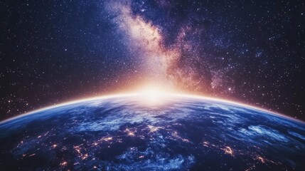 A breathtaking view of Earth from space, showcasing the Milky Way and sunrise on the horizon.