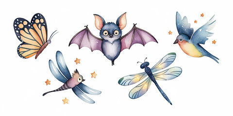 Watercolor depiction of five different flying creatures, creatively blending elements of birds, insects, and imaginative wings.