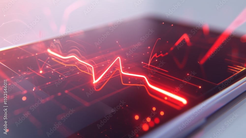Poster a close-up view of a glowing red financial chart displayed on a digital screen, representing data an