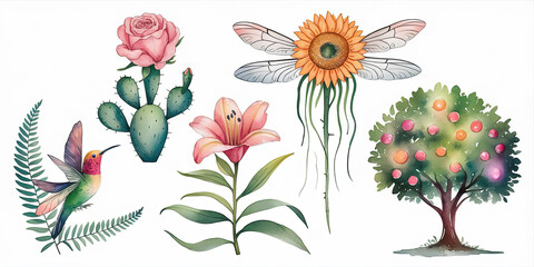 Whimsical Watercolor Illustration of Five Different Creatures
