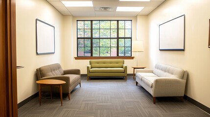 A cozy waiting area featuring modern furniture, natural light, and a minimalistic design, ideal for relaxation and informal meetings.