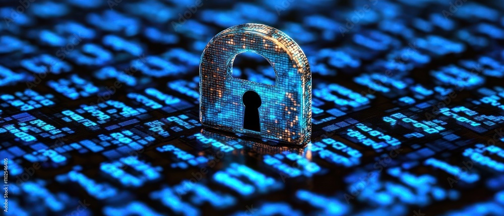 Poster a digital padlock on a binary code background symbolizes cybersecurity and data protection.