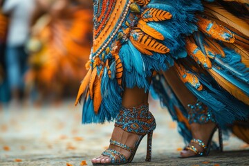  Colorful samba costume details at Brazilian carnival parade, vibrant feathers and ornate shoes showcase culture