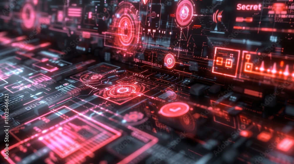 Poster a complex digital 3d render showcasing a futuristic red-toned interface with various technical eleme