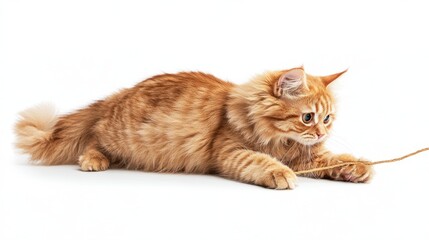 Fototapeta premium Munchkin cat playing with rubber band on white background