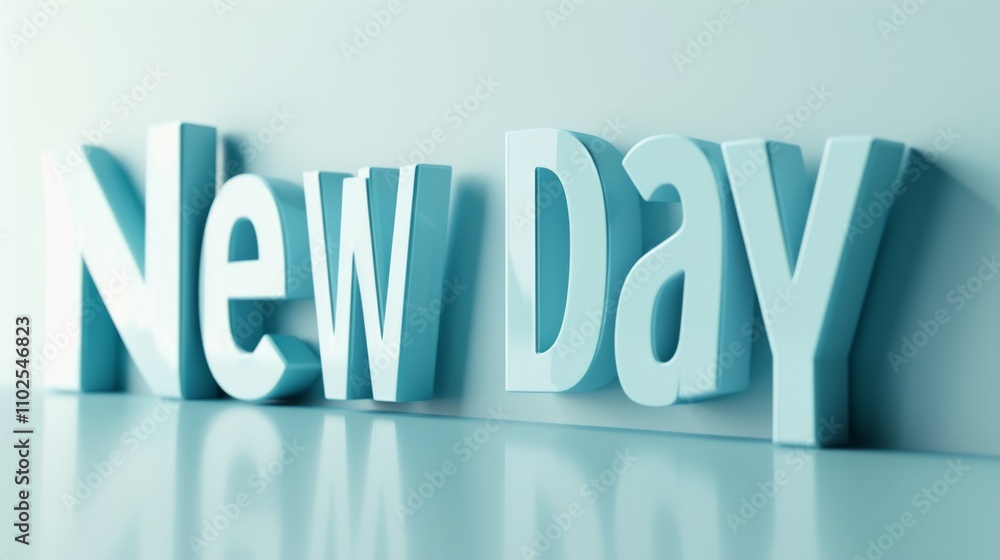 Poster 3d-rendered text new day in a reflective, shiny font against a light, soft background, presenting a 