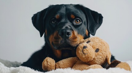 Rottweiler guarding toy on white background in 169 ratio