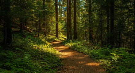 Fototapeta premium A peaceful hiking trail through a forest with sunlight filtering through the trees