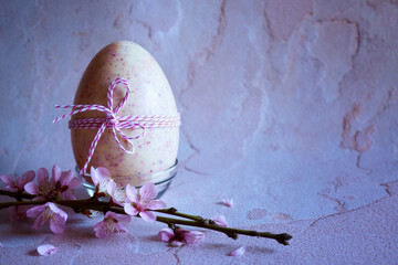 Strawberry and White Chocolate Easter Egg. Horizontal orientation with negative space.