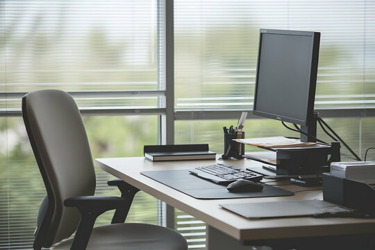 Office Desk Window side desk with computer, stationery, and serene outdoor greenery