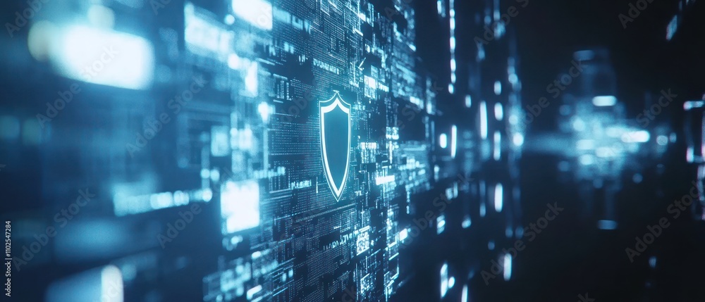 Poster a digital representation of cybersecurity with a shield symbol amidst glowing data streams.