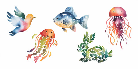 Whimsical Watercolor Illustration of Five Floating Magical Beings
