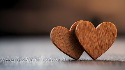 Pair of wooden hearts, open space around, warm tones