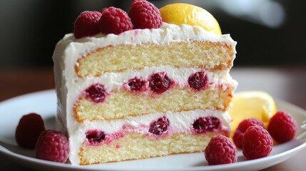 A tangy raspberry lemon cake with whipped lemon cream and fresh raspberries 