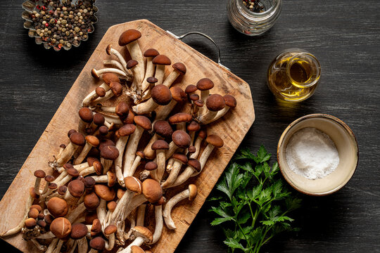 Poplar mushrooms on wooden table.