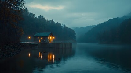 Obraz premium Hydroelectric dam at dusk, soft lights reflecting on calm water, renewable energy concept