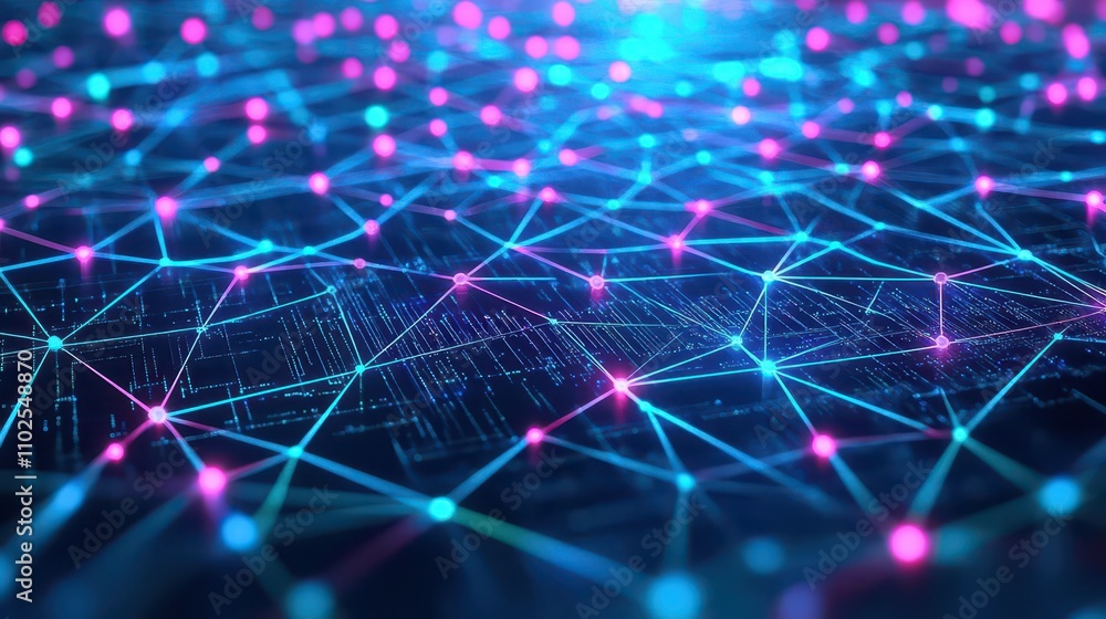 Poster Abstract AI neural network, colorful interconnected nodes and lines, glowing data streams, tech aesthetic, digital art